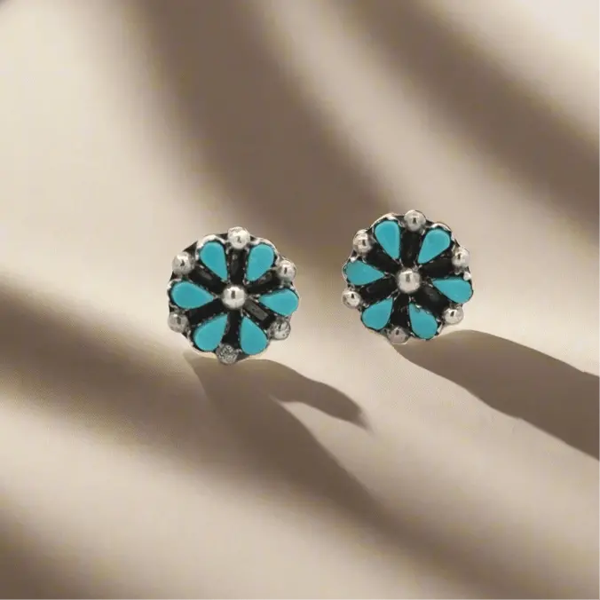 Tricia Leekity Kingman Turquoise Flower Zuni Usa Native American Made 925 Sterling Silver Earrings With Stud Backing 1