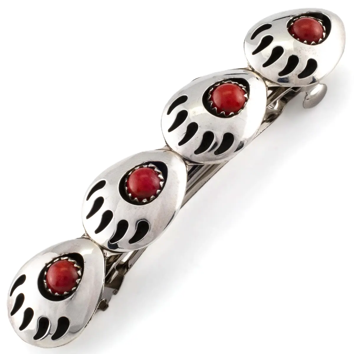 Virginia Long Quadruple Bear Paw With Coral Inlay Usa Native American Made 925 Sterling Silver Hair Barrette 1