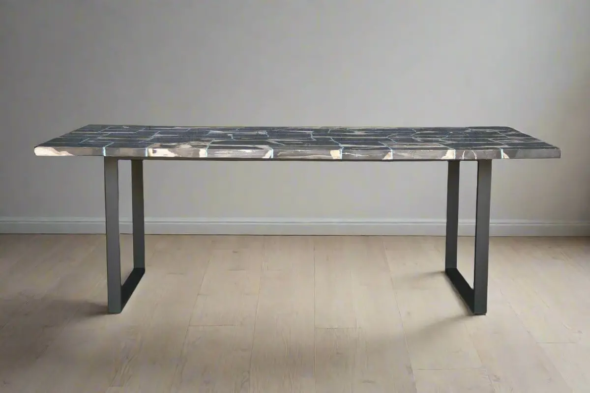 Black Mosaic Petrified Wood Howlite Turquoise Inlayed Dining Table 87" 1