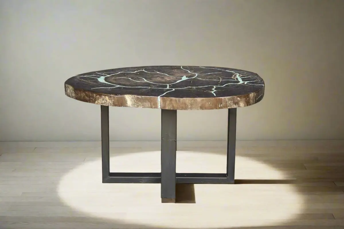 Petrified Wood Round Coffee Howlite Turquoise Inlayed Table 31" / 92 Lbs 1