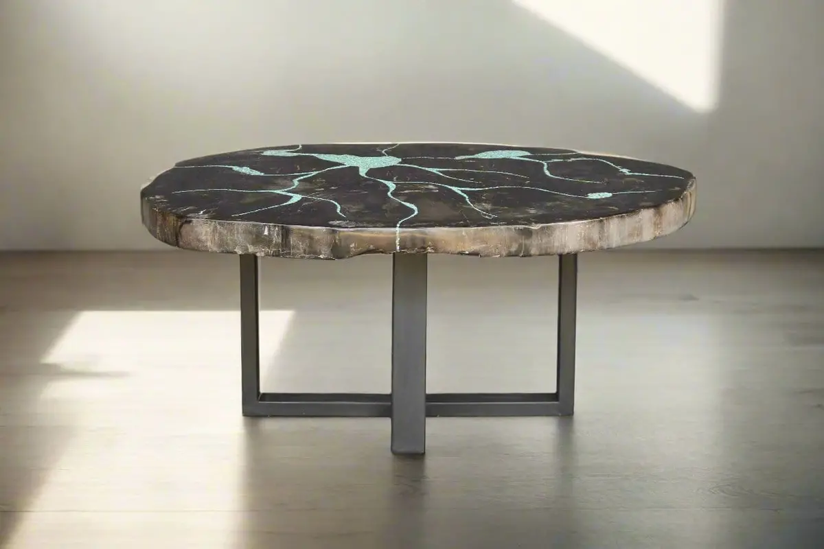 Petrified Wood Round Coffee Howlite Turquoise Inlayed Table 39" / 163 Lbs 1