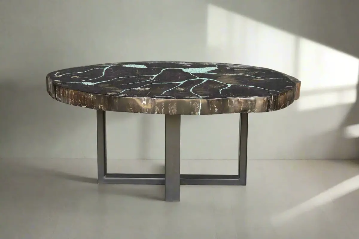 Petrified Wood Round Coffee Howlite Turquoise Inlayed Table 39" / 163 Lbs 2