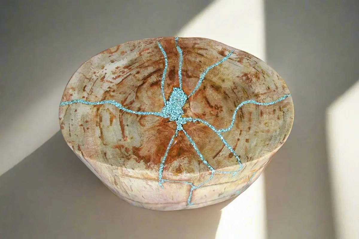 Petrified Wood Round Stump Howlite Turquoise Inlayed 19" / 262 Lbs 2