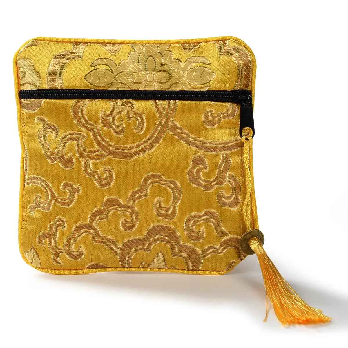 Yellow Silk Jewlery & Coin Pouch With Zipper 1