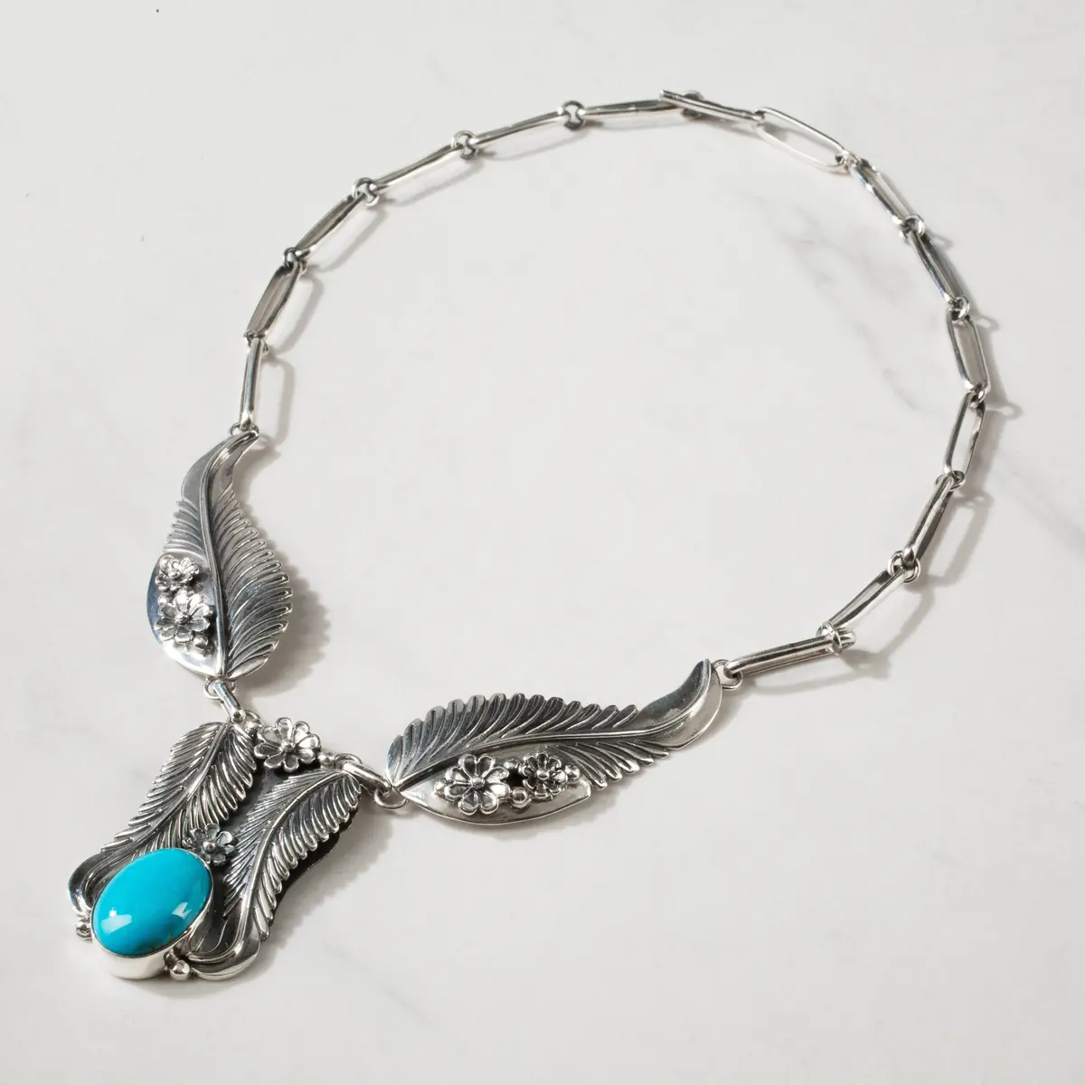 17.5" Kingman Turquoise Feather Handmade 925 Sterling Silver Chain Link Necklace 1