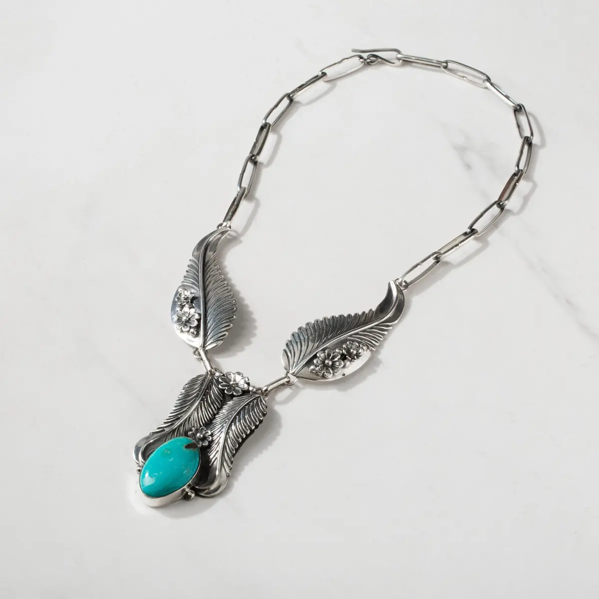 17" Kingman Turquoise Feather Handmade 925 Sterling Silver Chain Link Necklace 1