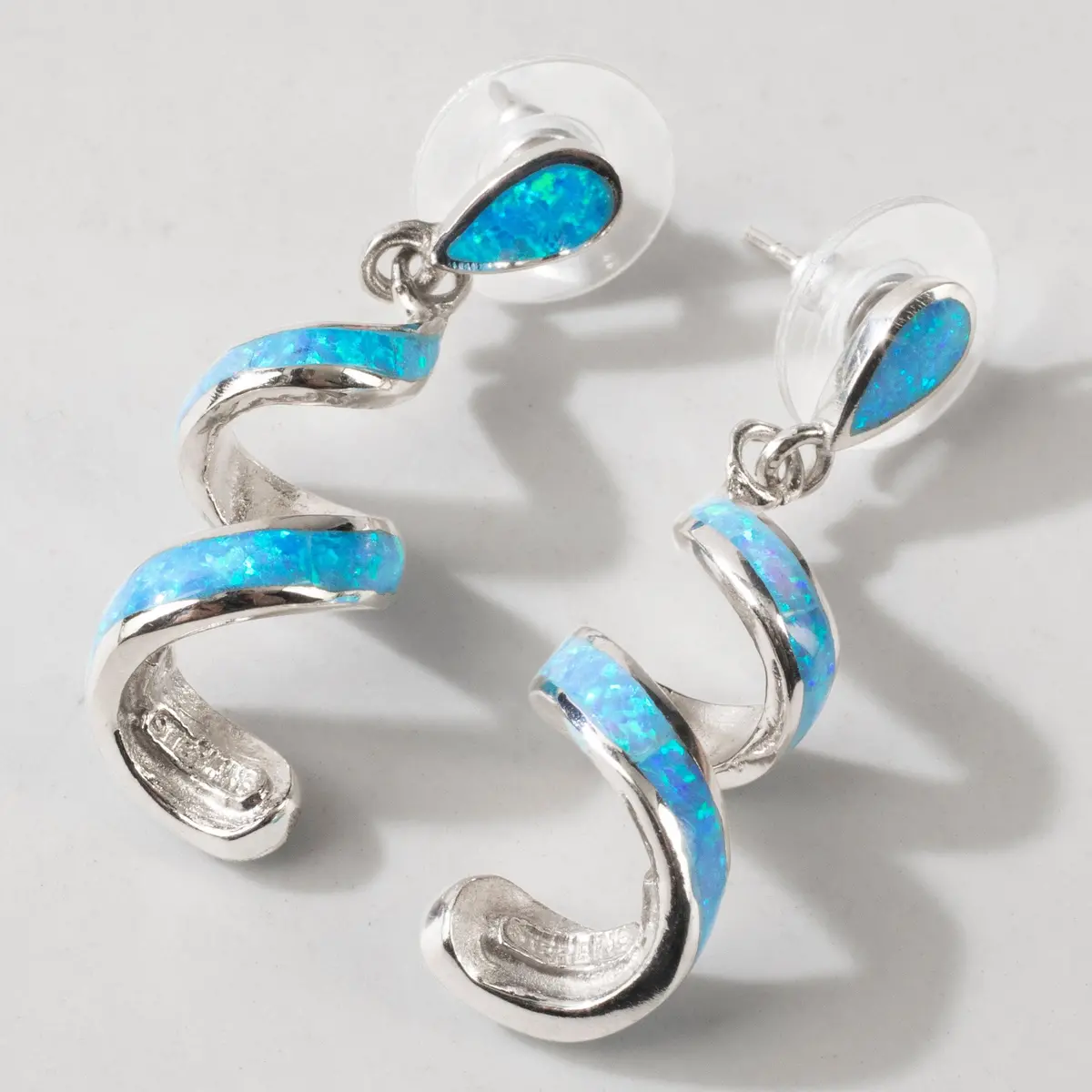 Aqua Opal Spiral 925 Sterling Silver Usa Handmade Earrings With Stud Backing 1