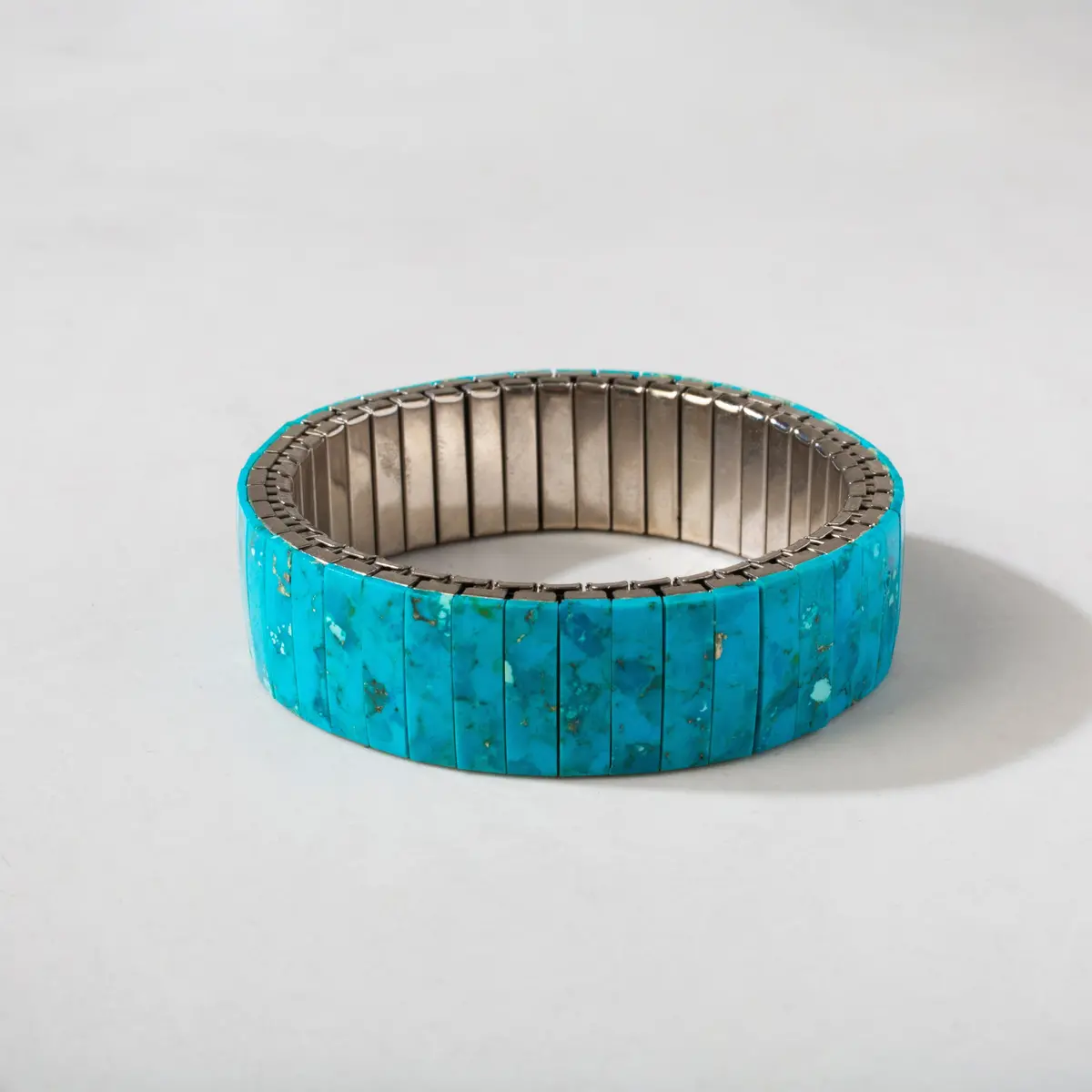 Banded Kingman Turquoise Compress Nuggets & 925 Sterling Silver Usa Handmade Elastic Stretch Bracelet 1