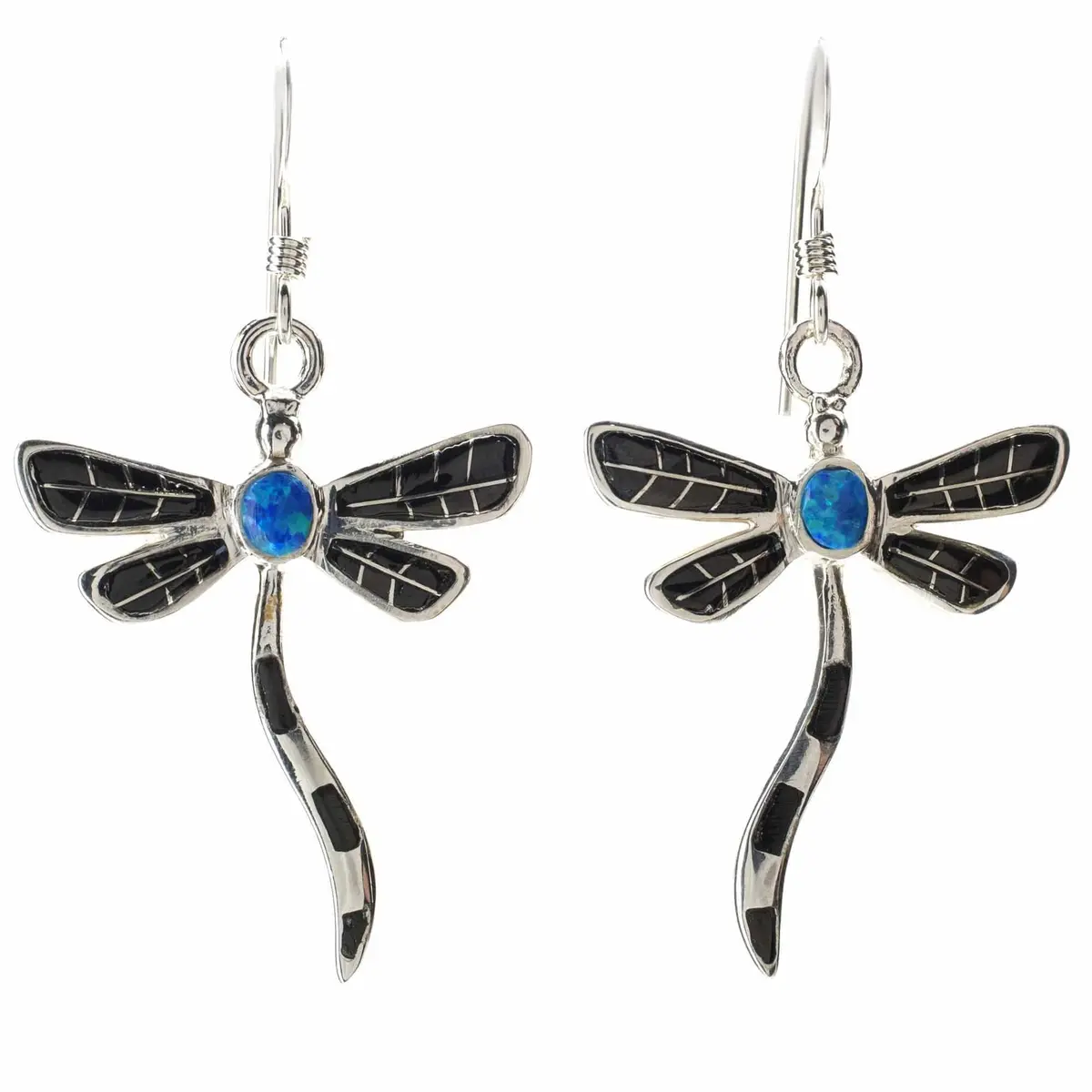 Black Onyx Dragonfly 925 Sterling Silver Earring With French Hook Usa Handmade With Opal Accent 1