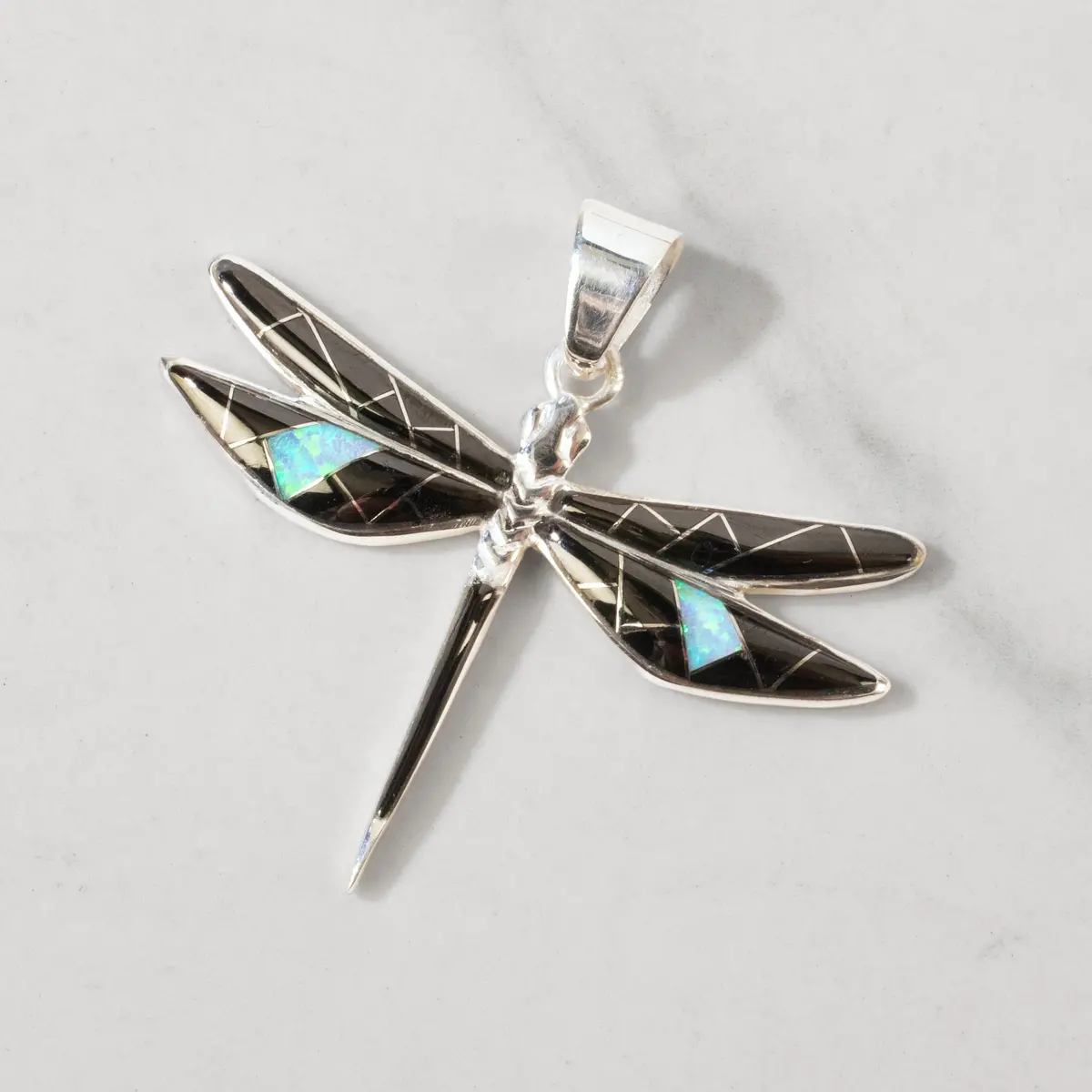 Black Onyx Dragonfly 925 Sterling Silver Usa Handmade Pendant With Opal Accent 1