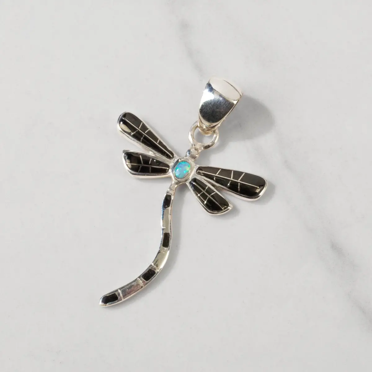 Black Onyx Dragonfly Usa Handmade 925 Sterling Silver Pendant With Opal Accent 1