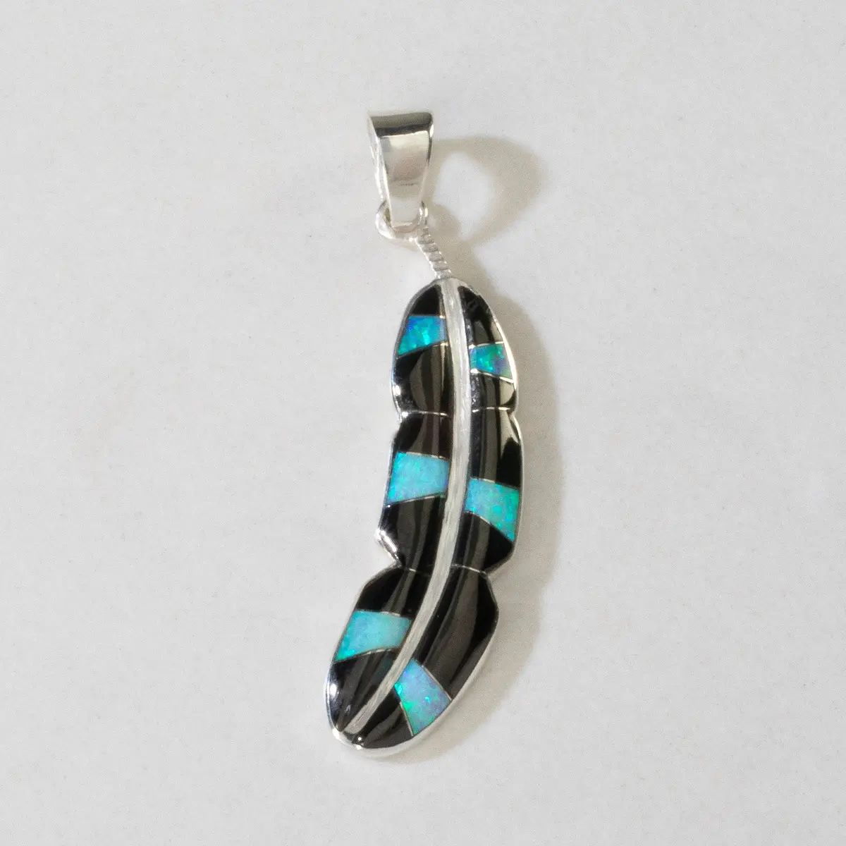 Black Onyx Feather 925 Sterling Silver Pendant Usa Handmade With Opal Accent 1