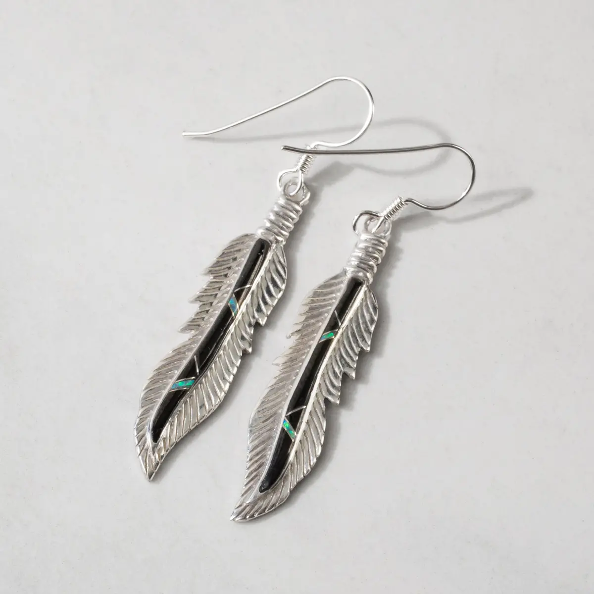 Black Onyx Feather 925 Sterling Silver Usa Handmade Earrings With French Hook 1