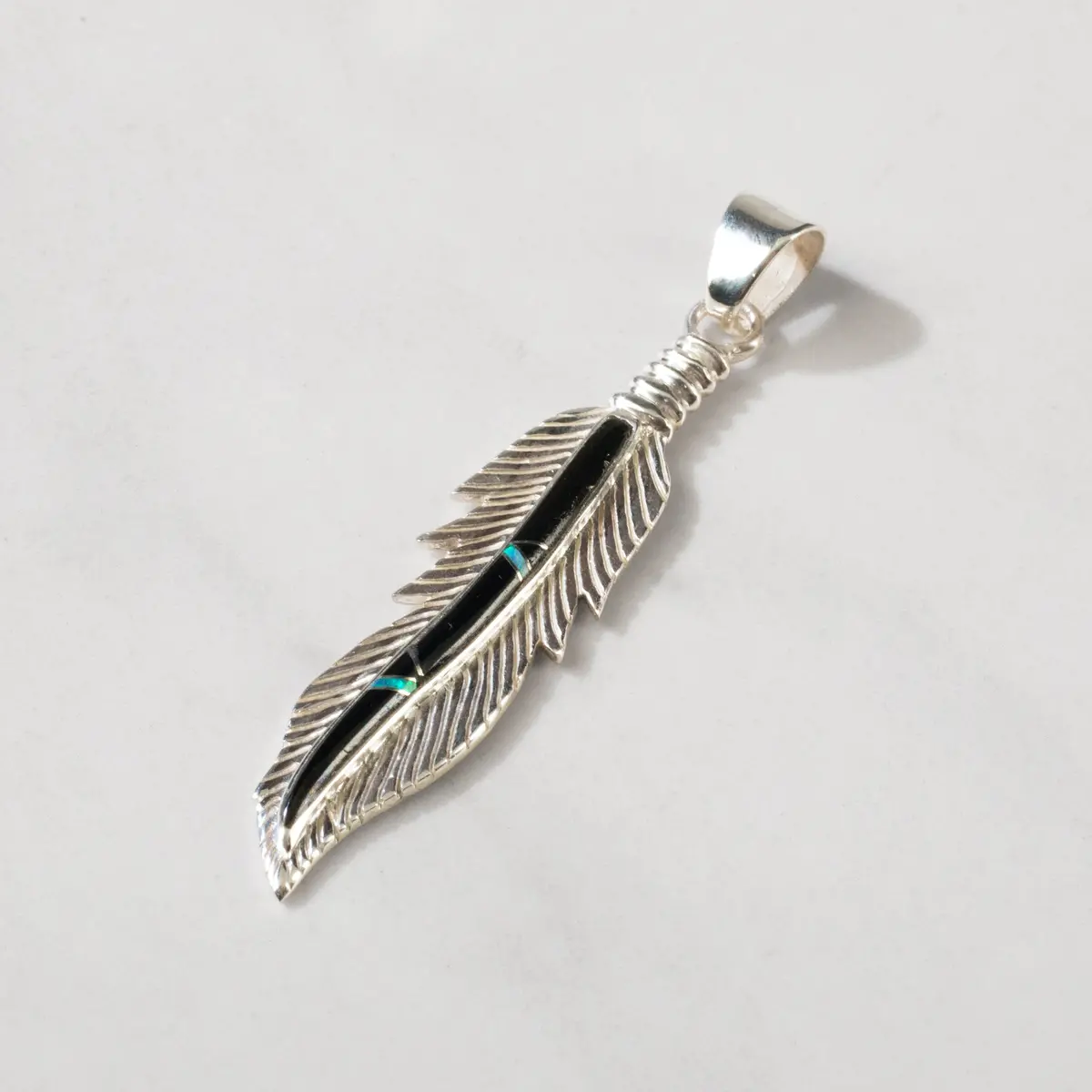 Black Onyx Feather Usa Handmade 925 Sterling Silver Pendant With Opal Accent 1