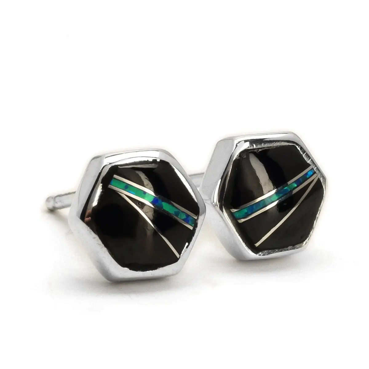 Black Onyx Hexagon 925 Sterling Silver Usa Handmade Earring With Stud Backing 1