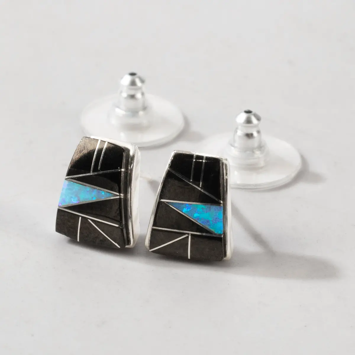 Black Onyx & Opal Accent 925 Sterling Silver Usa Handmade Earring With Stud Backing 1
