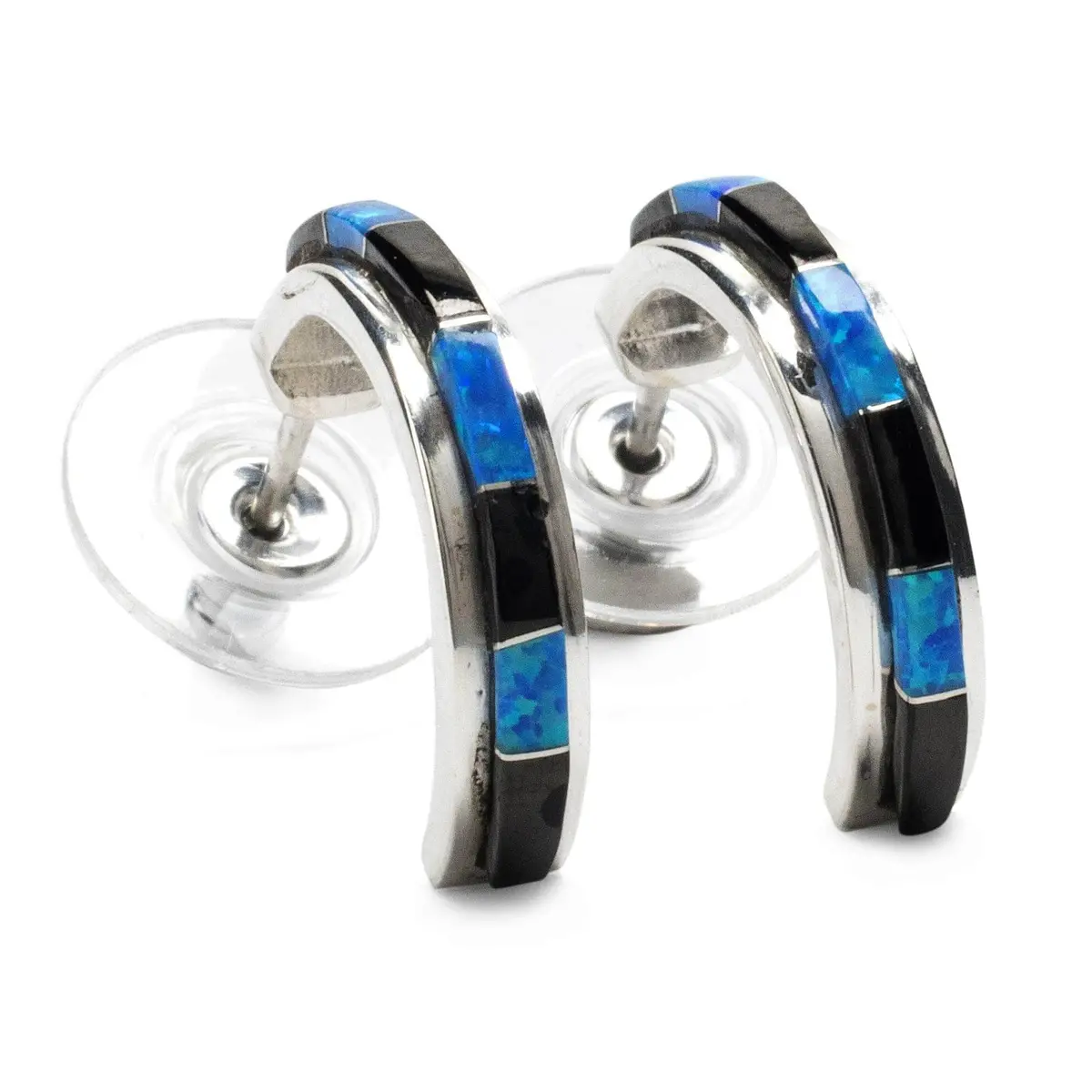 Black Onyx Semi Hoop 925 Sterling Silver Earring Usa Handmade With Opal Accent 1