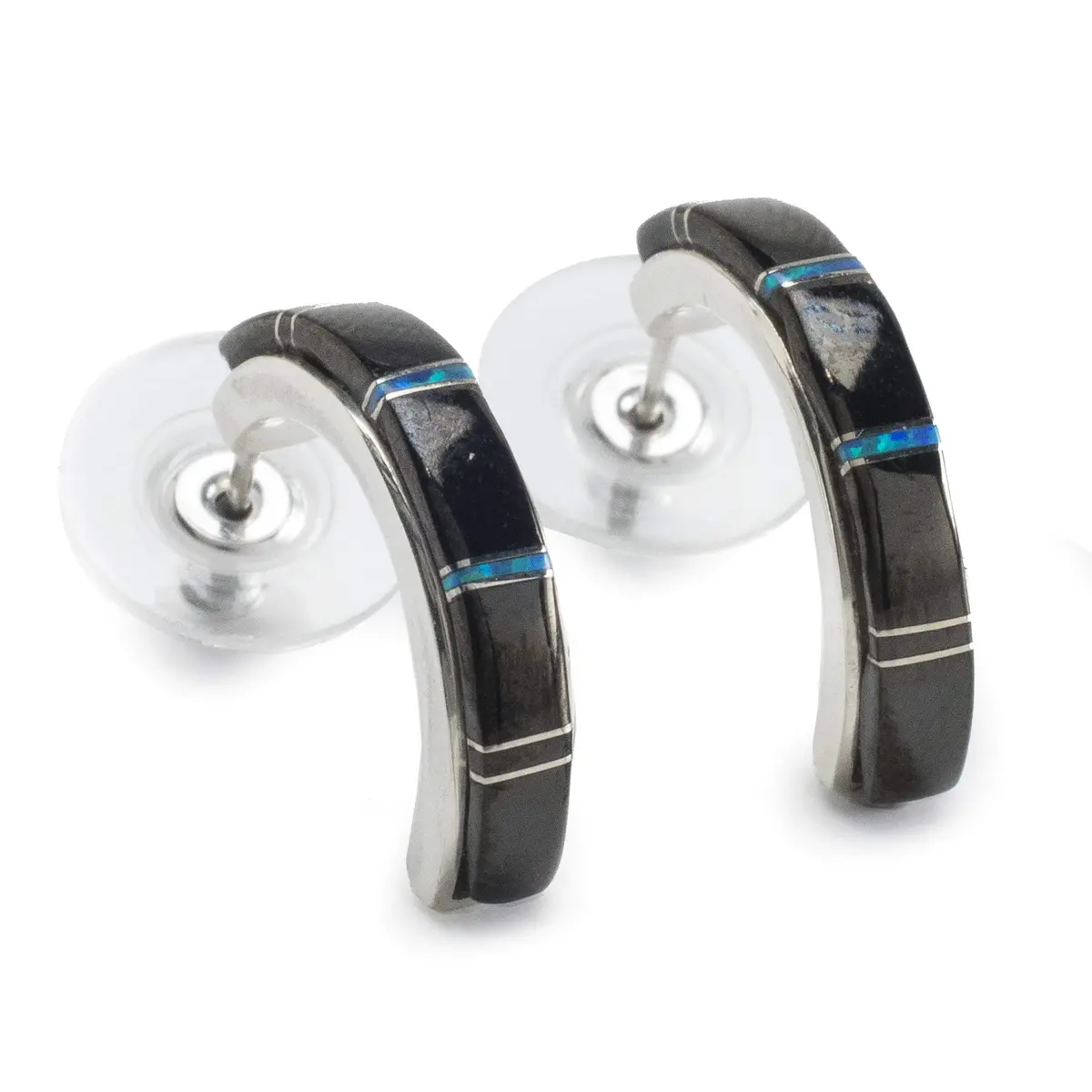 Black Onyx Semi Hoop 925 Sterling Silver Earring Usa Handmade With Opal Accent 1