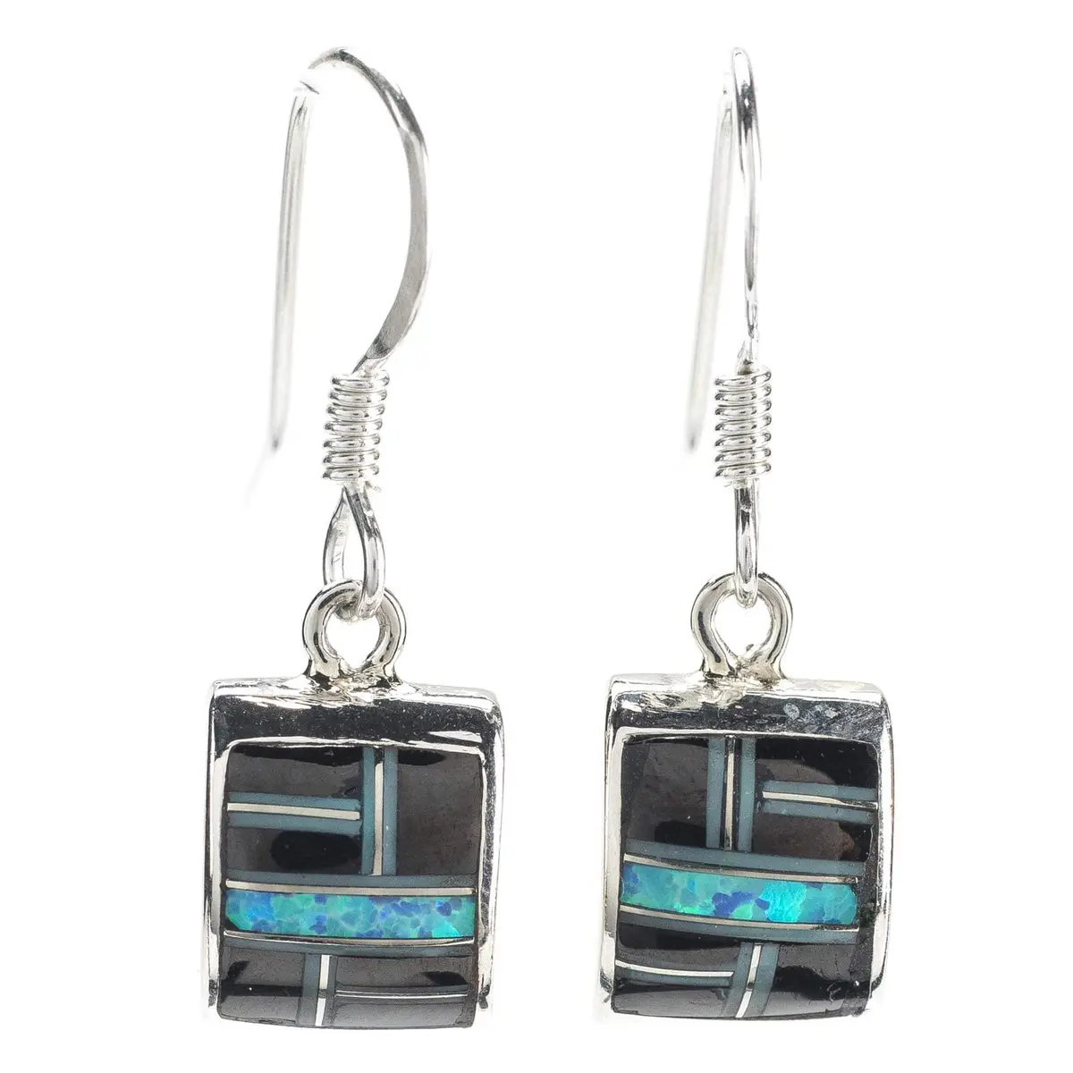 Black Onyx Square 925 Sterling Silver Earring With French Hook Usa Handmade With Aqua Opal Accent 1