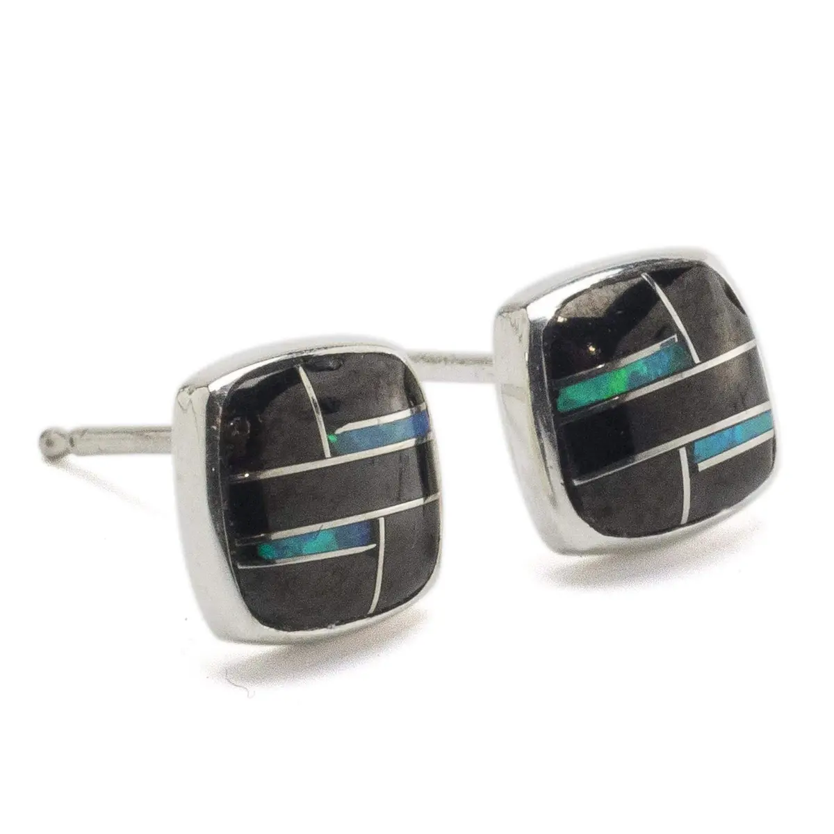 Black Onyx Square 925 Sterling Silver Earring With Stud Backing Usa Handmade With Opal Accent 1