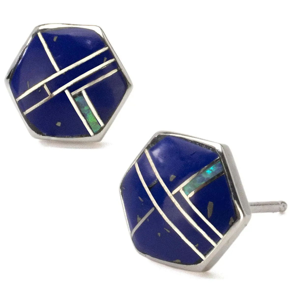 Lapis Hexagon 925 Sterling Silver Usa Handmade Earrings With Stud Backing 1