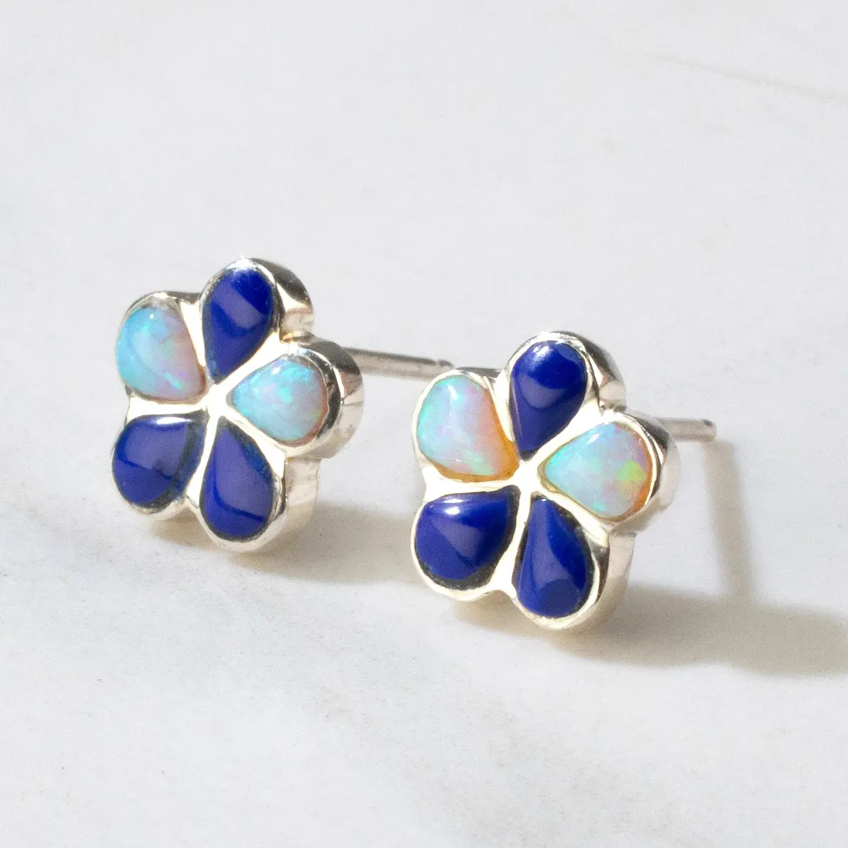 Lapis & Opal Accent Flower Usa Handmade 925 Sterling Silver Earring With Stud Backing 1