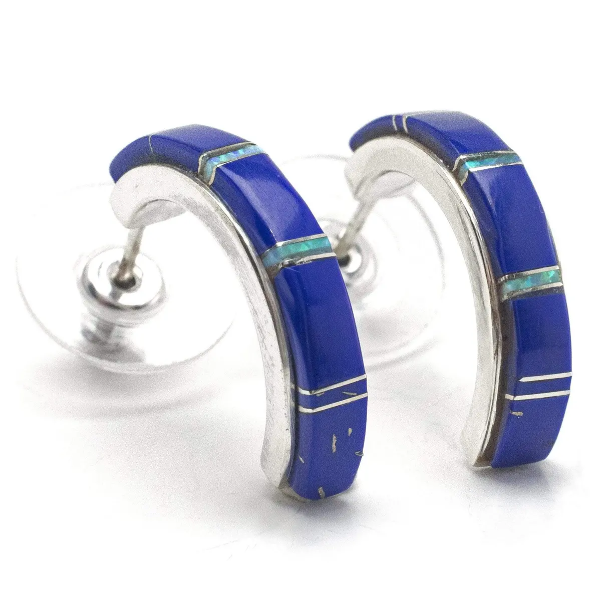 Lapis Semi Hoop 925 Sterling Silver Earring Usa Handmade With Opal Accent 1