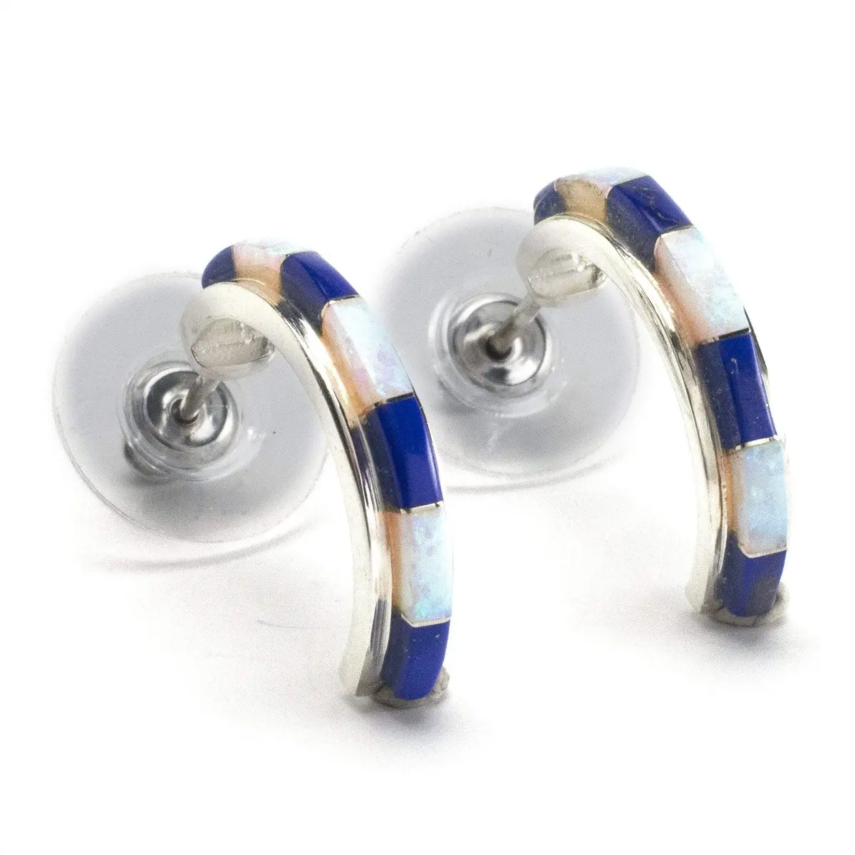 Lapis Semi Hoop 925 Sterling Silver Earring Usa Handmade With Opal Accent 1