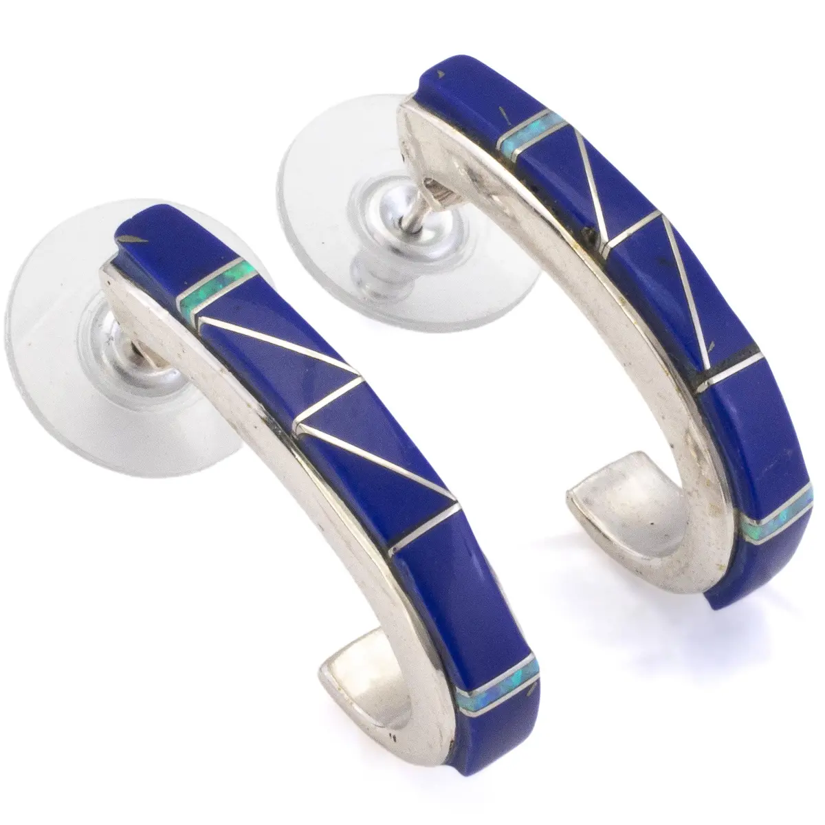 Lapis Semi Hoop 925 Sterling Silver Earrings With Stud Backing Usa Handmade With Opal Accent 1
