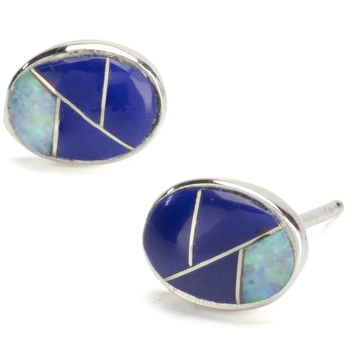 Lapis Shell Oval Earrings Handmade With Sterling Silver And Opal Accent 1