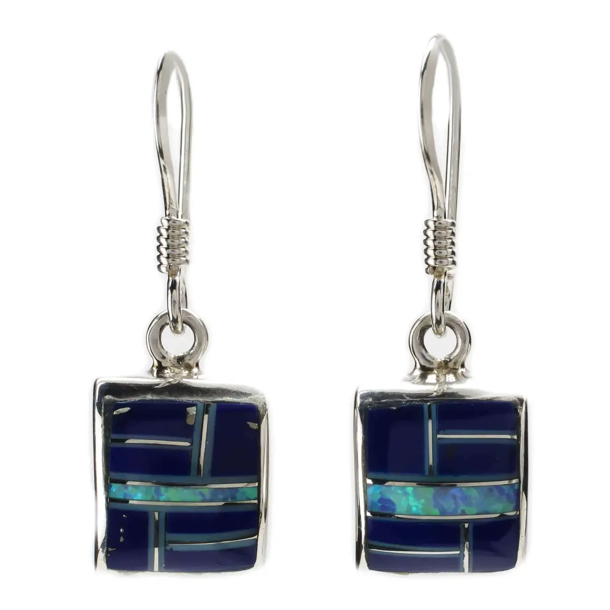 Lapis Square 925 Sterling Silver Earring With French Hook Usa Handmade With Aqua Opal Accent 1