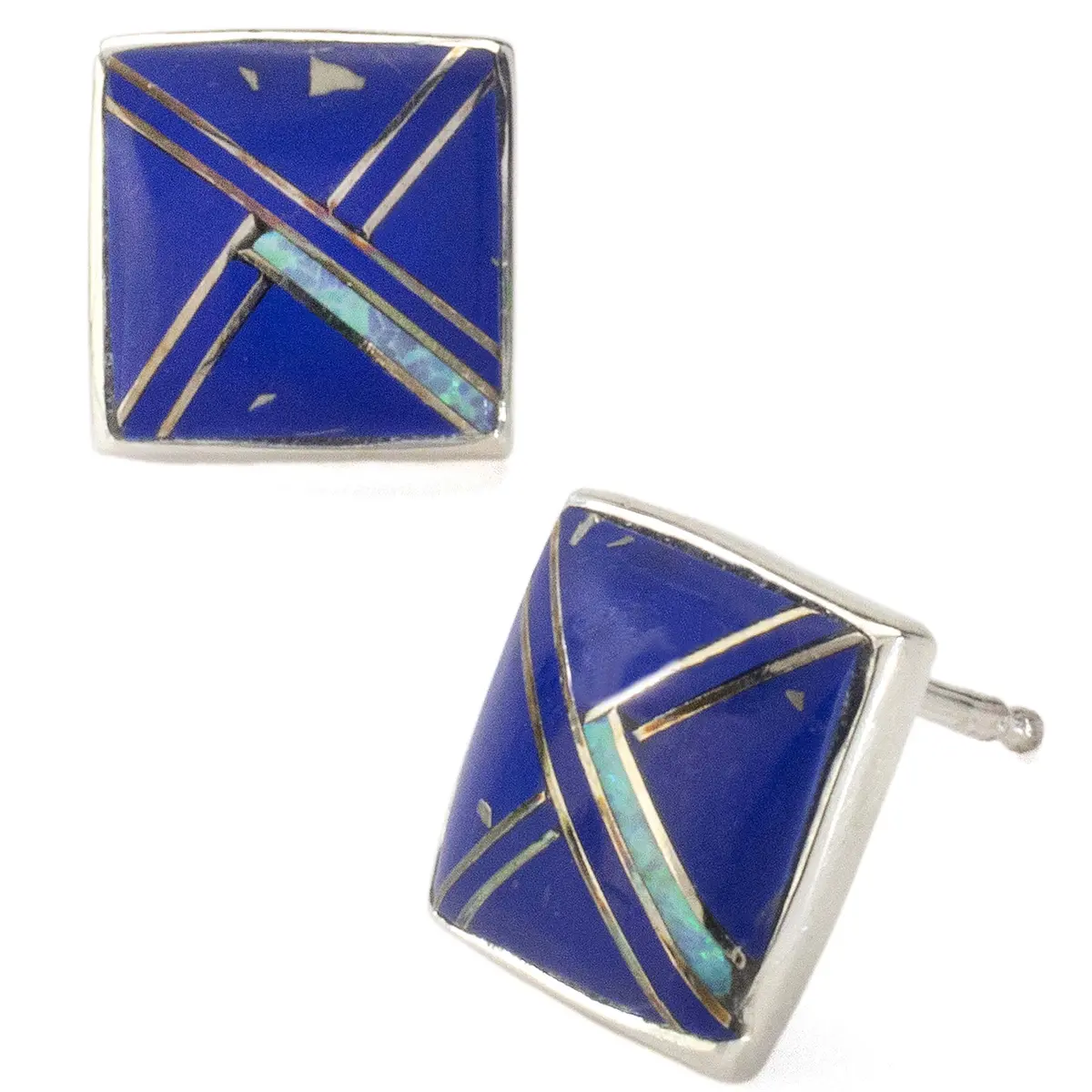 Lapis Square 925 Sterling Silver Usa Handmade Earrings With Opal Accent 1