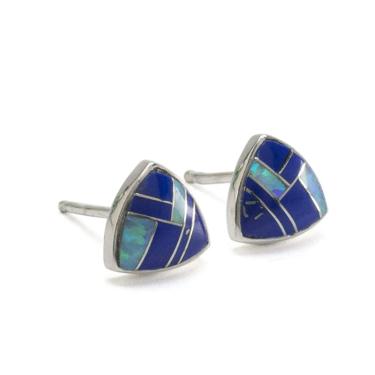 Lapis Triangle 925 Sterling Silver Usa Handmade Earring With Stud Backing With Opal Accent 1