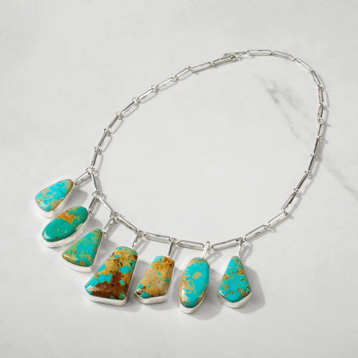 Mexican Turquoise With Gold Matrix Handmade 925 Sterling Silver Chain Link Necklace 1