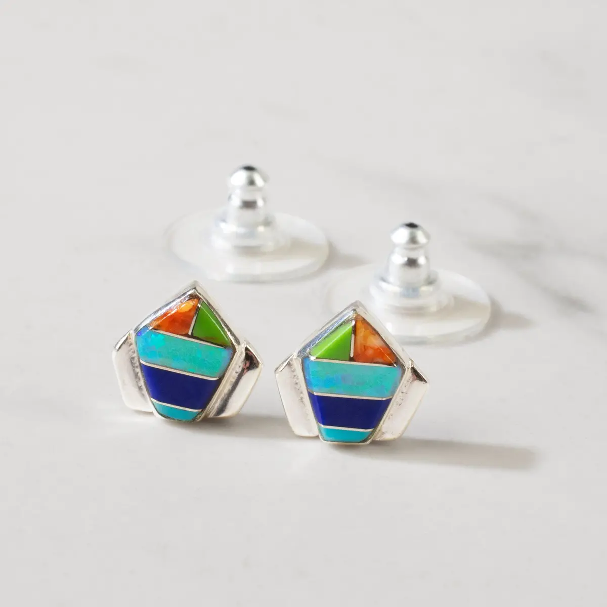 Muli Gem Pentagon 925 Sterling Silver Usa Handmade Earring With Stud Backing 1