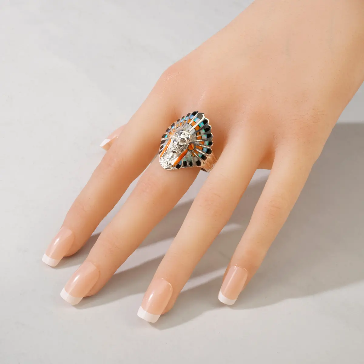 Multi Gem Chief Head 925 Sterling Silver Ring Usa Handmade With Laboratory Opal Accent 2