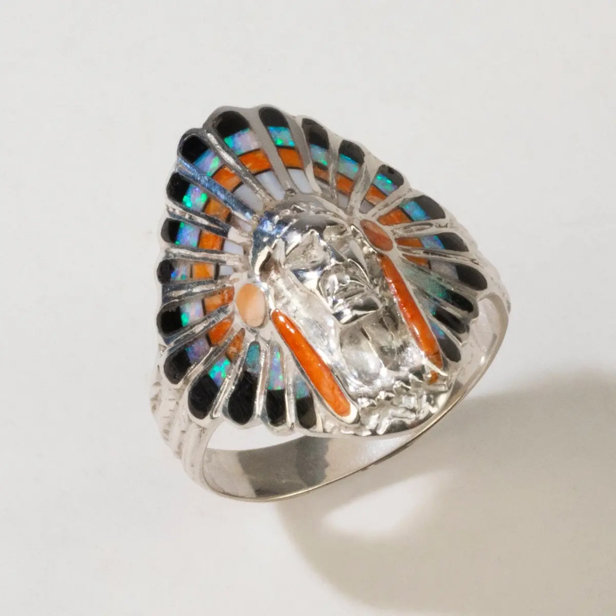 Multi Gem Chief Head 925 Sterling Silver Ring Usa Handmade With Laboratory Opal Accent 1