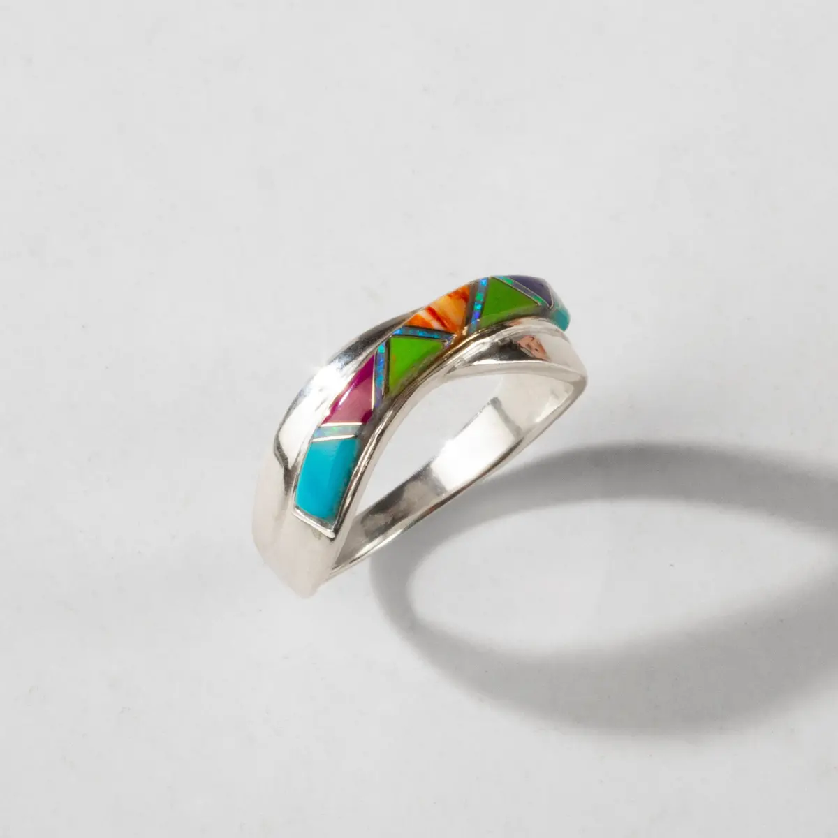Multi Gem Crossover 925 Sterling Silver Ring Usa Handmade With Laboratory Opal Accent (Copy) 1