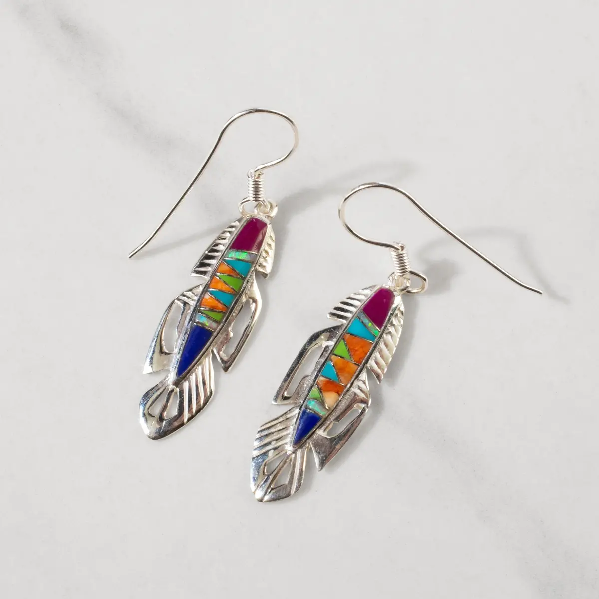 Multi Gem Feather 925 Sterling Silver Usa Handmade Earring With French Hook 1