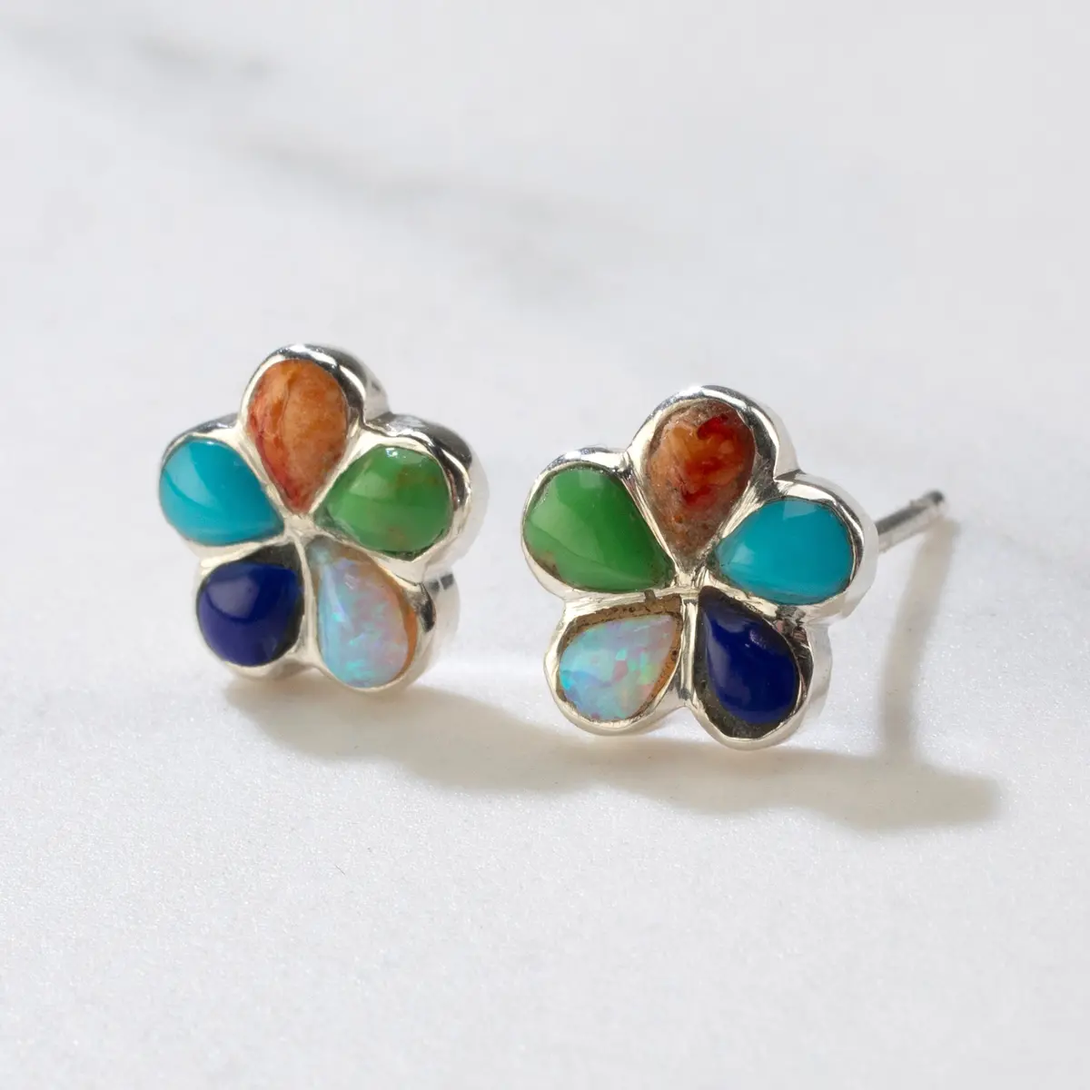 Multi Gem Flower Usa Handmade 925 Sterling Silver Earring With Stud Backing 1