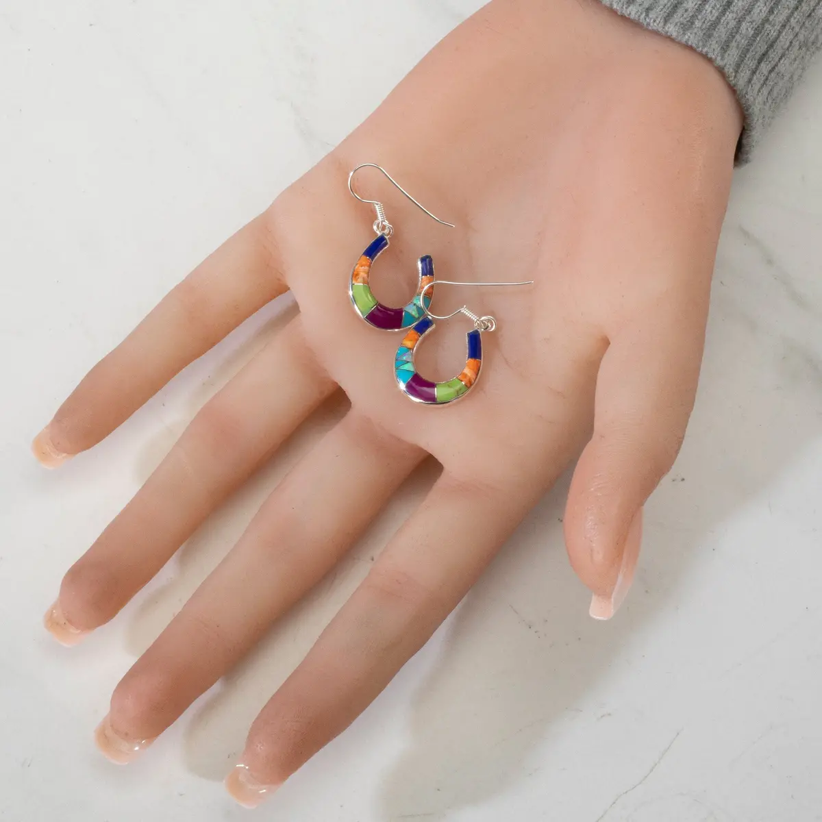Multi Gem Horseshoe Usa Handmade 925 Sterling Silver Earrings With Opal Accent & French Hook Backing 2