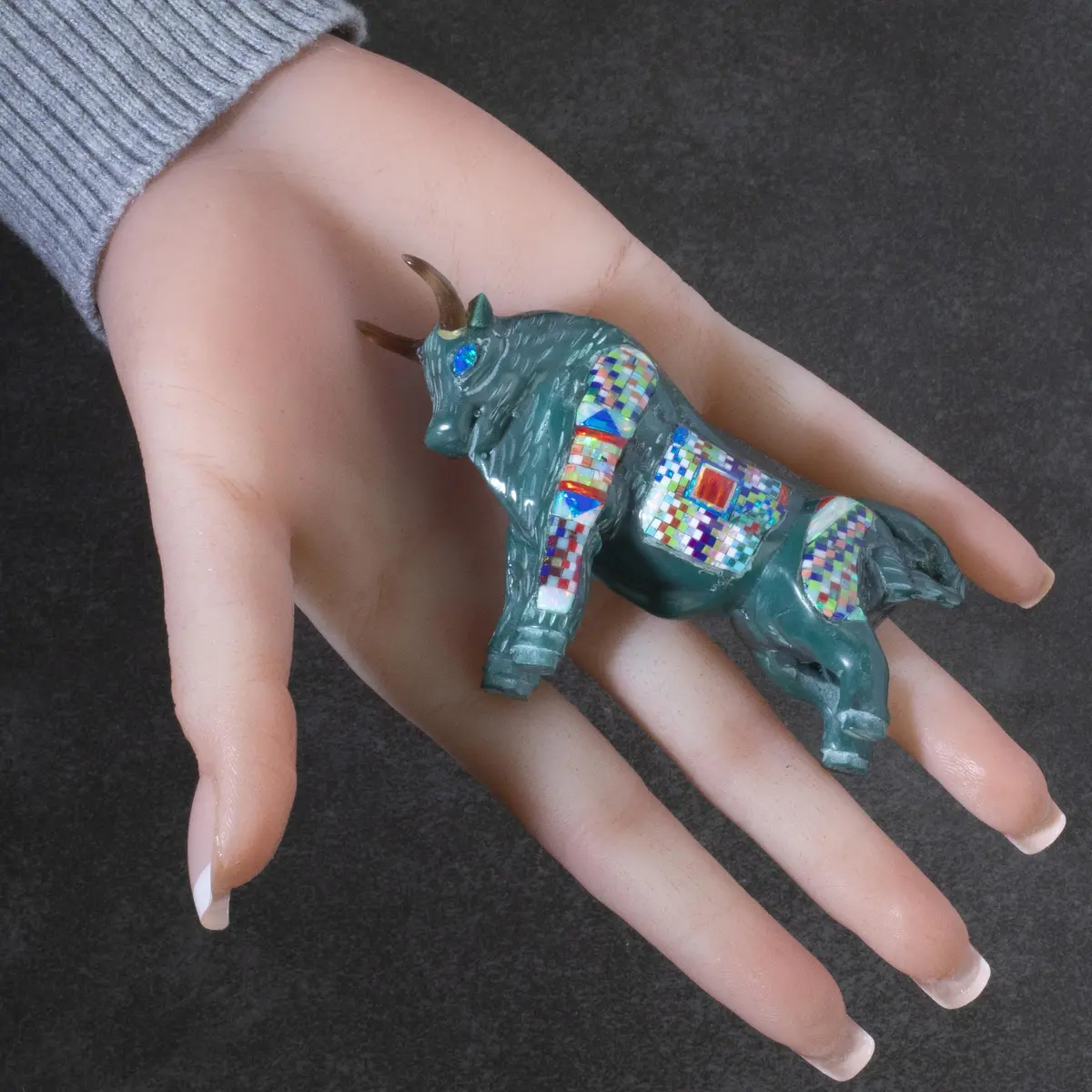 Multi Gem Opal Micro Inlay Handmade Green Enhanced Turquoise Bull Carving 2