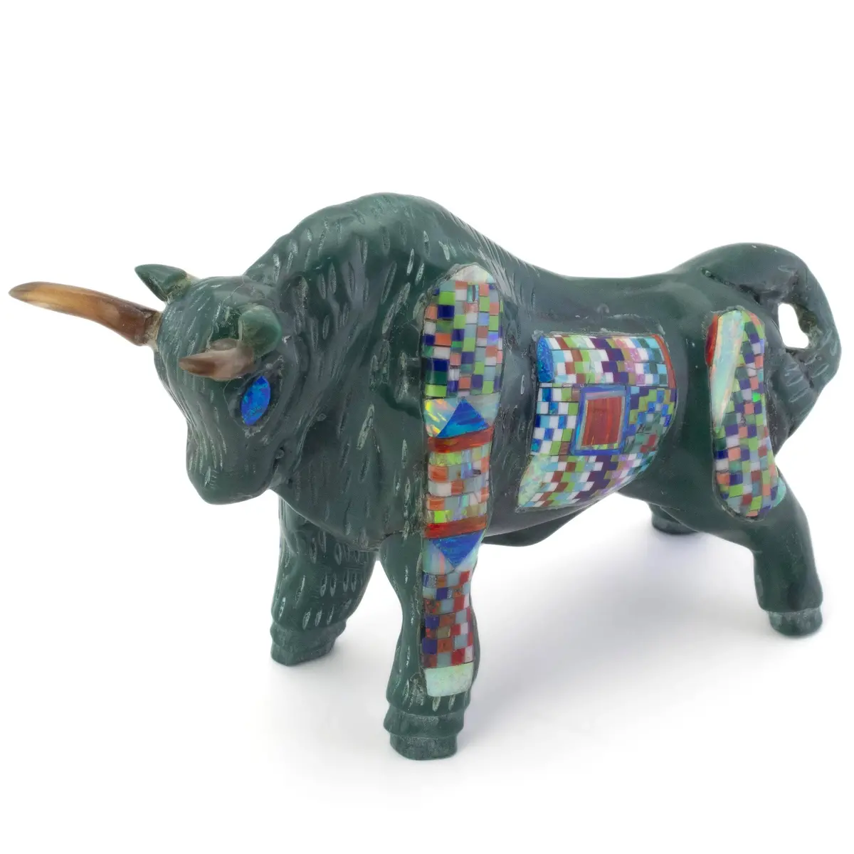 Multi Gem Opal Micro Inlay Handmade Green Enhanced Turquoise Bull Carving 1