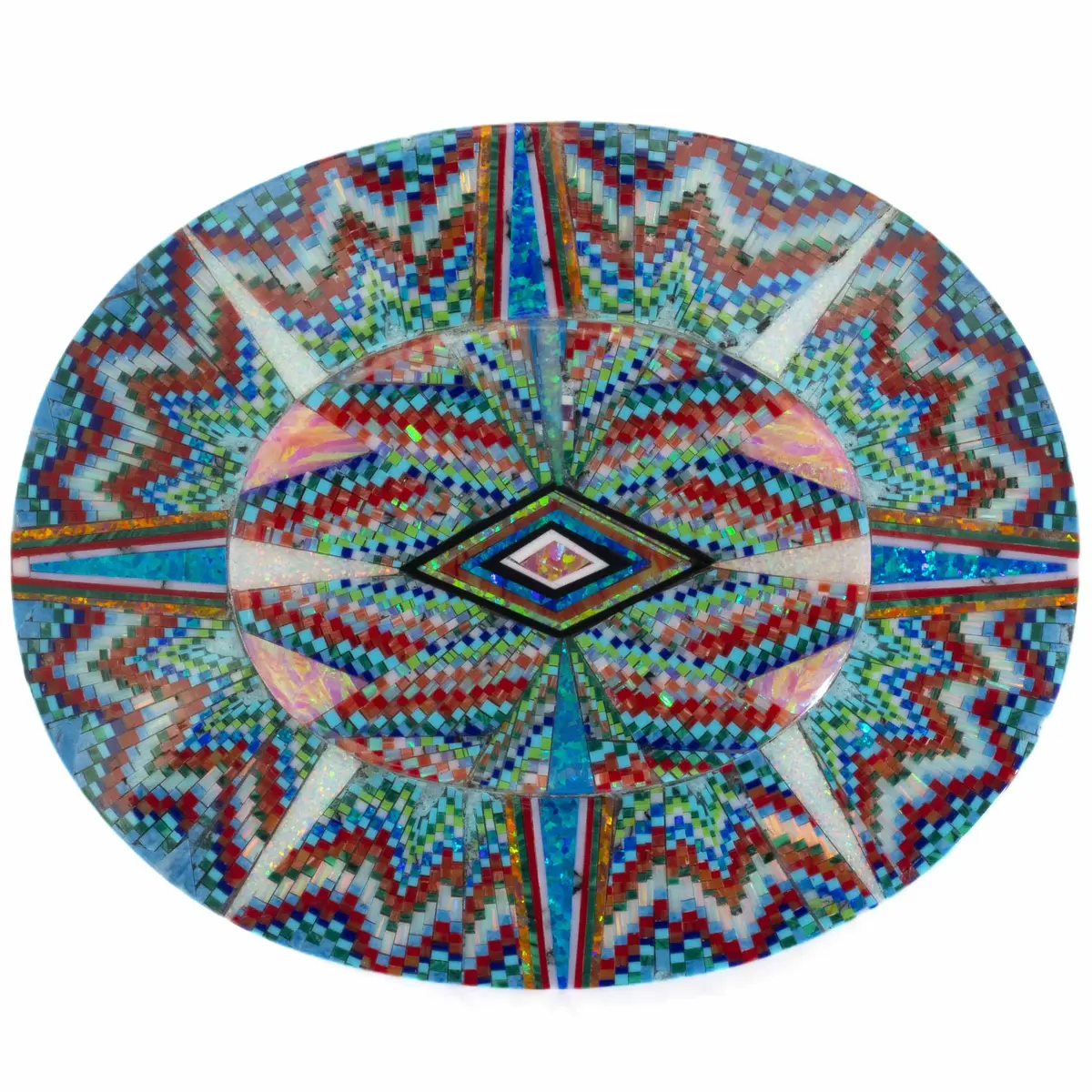 Multi Gem Opal Micro Inlay With Genuine Turquoise And Coral Handmade 925 Sterling Silver Oval Belt Buckle 1