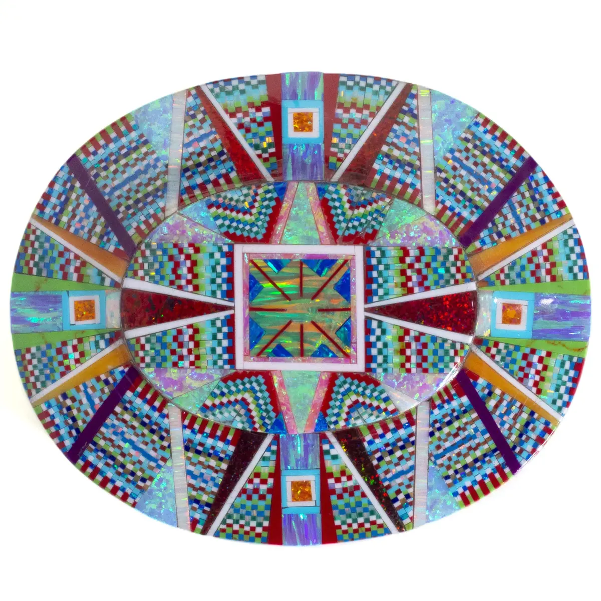 Multi Gem Opal Micro Inlay With Genuine Turquoise And Coral Handmade 925 Sterling Silver Oval Belt Buckle 1