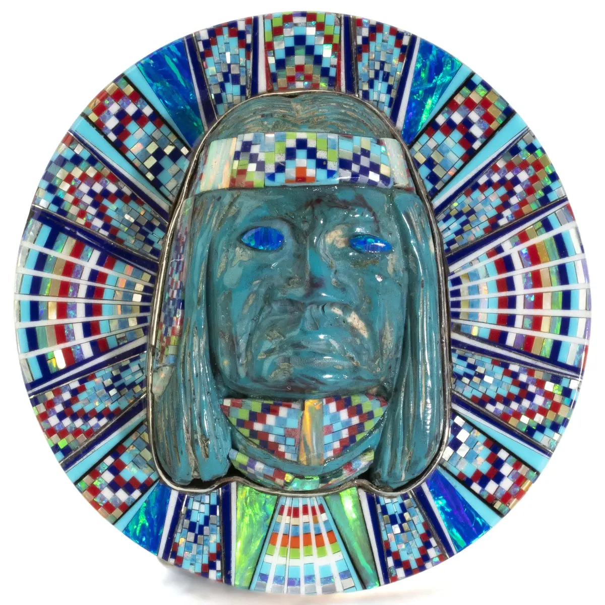 Multi Gem Opal Micro Inlay With Genuine Turquoise Indian Chief Handmade 925 Sterling Silver Circular Belt Buckle 1