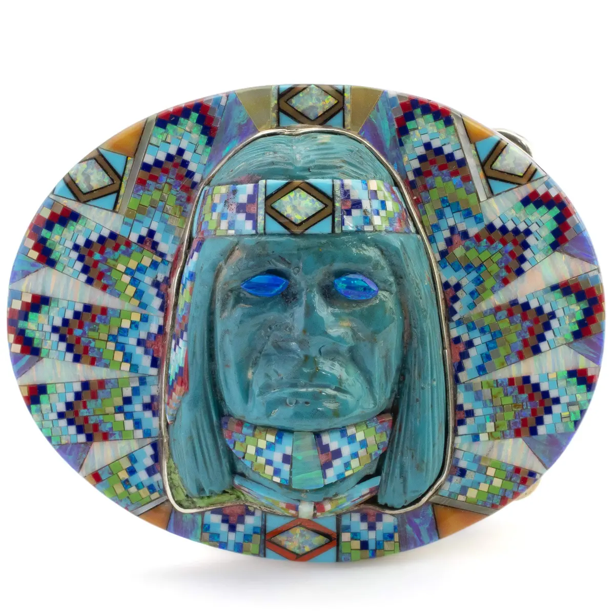 Multi Gem Opal Micro Inlay With Genuine Turquoise Indian Chief Handmade 925 Sterling Silver Oval Belt Buckle 1