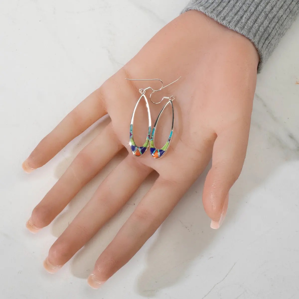 Multi Gem Oval Hoop Usa Handmade 925 Sterling Silver Earrings With French Hook Backing 2