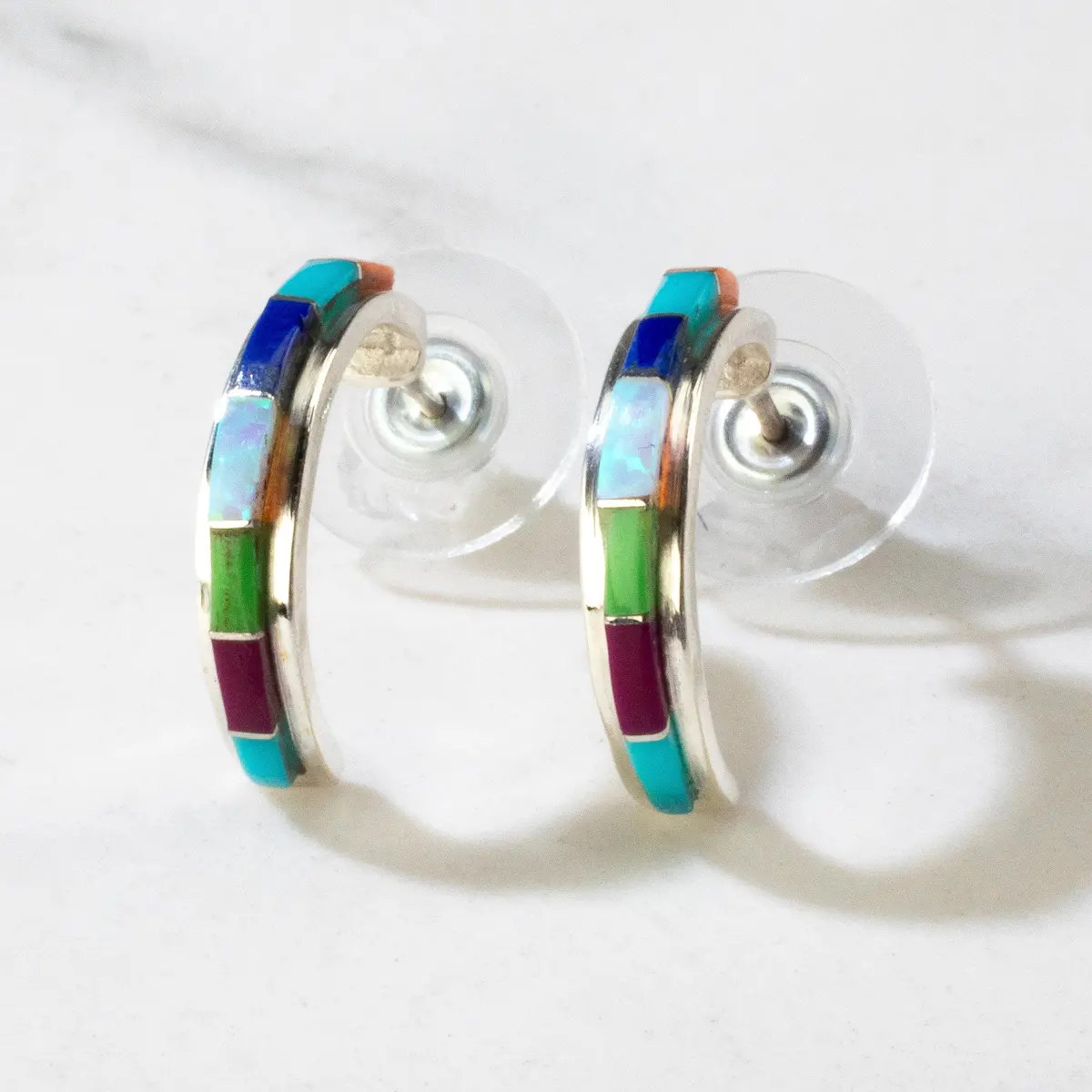 Multi Gem Semi Hoop Usa Handmade 925 Sterling Silver Earring With Stud Backing 1