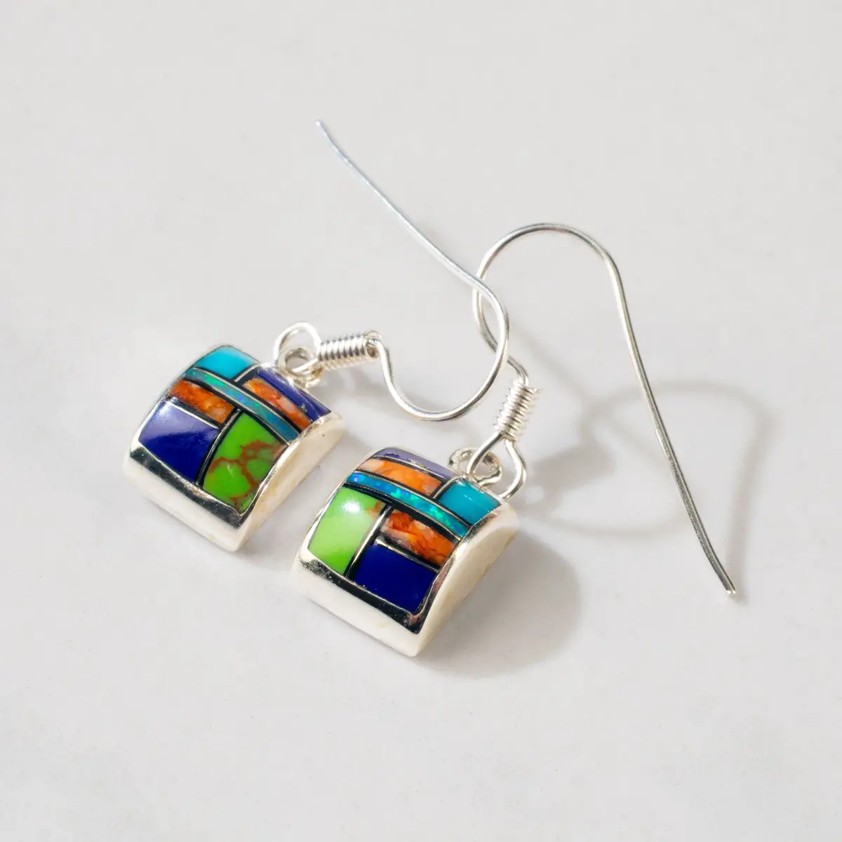 Multi Gem Square 925 Sterling Silver Usa Handmade Earring With French Hook 1